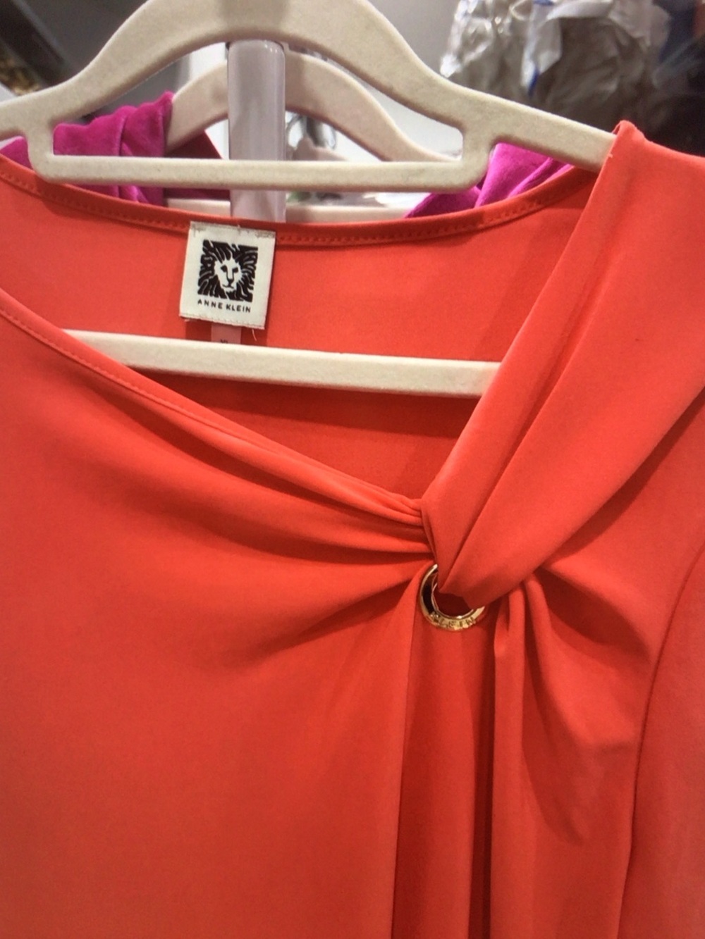 Anne Klein Coral-Orange Long Sleeve Top with Knot & Ring - Picture 2 of 6